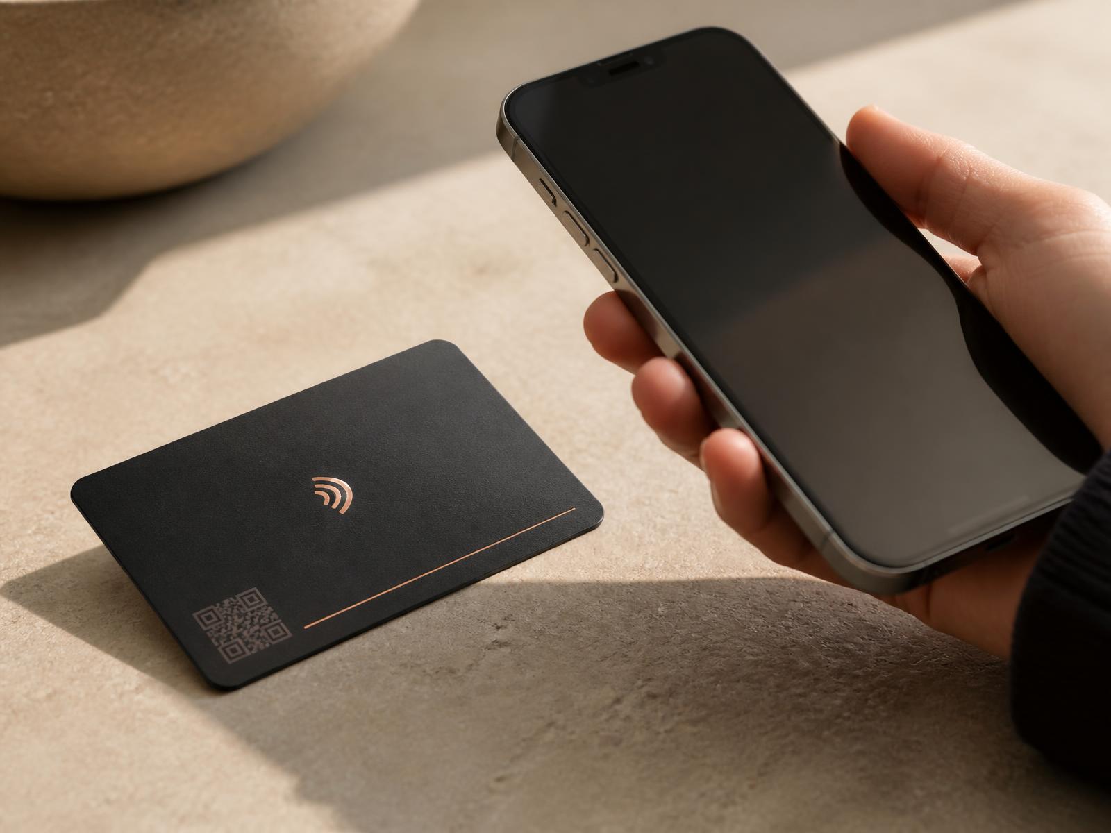 A matte black uTapiT review card on a counter beside a smartphone ready to tap it